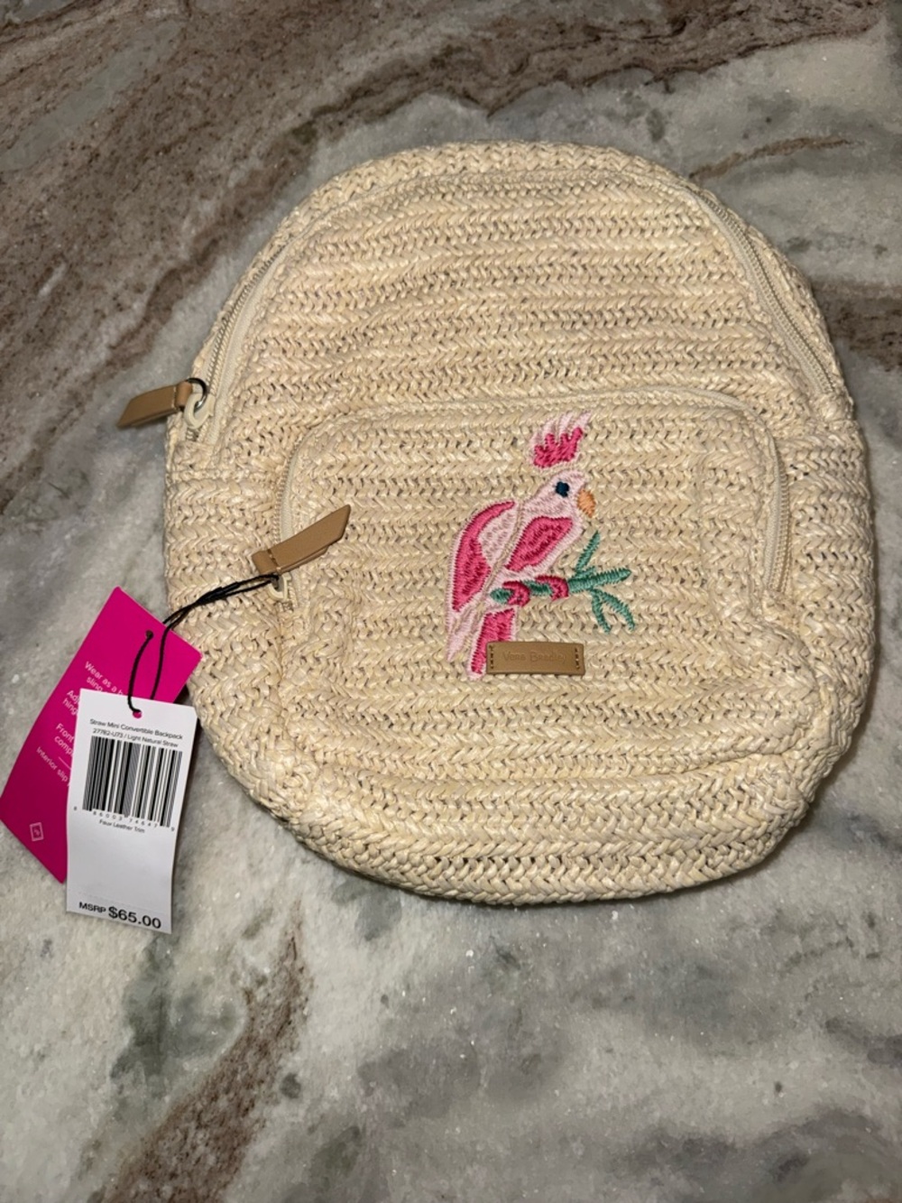 Vera Bradley mini Straw Backpack with Pink Parrot Embroidery